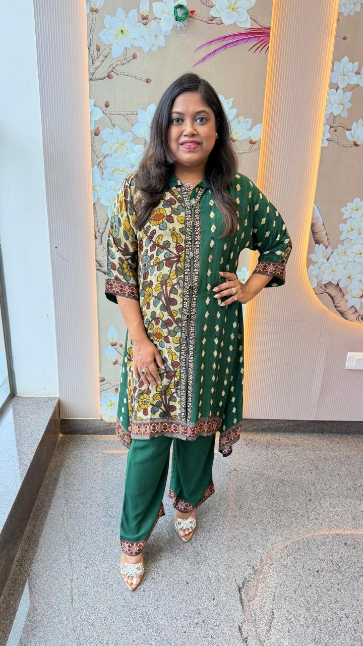 Pure crepe digital printed Kalamkari co ord in green