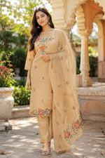 Pretty Modal brush painted katha stitch suit set in cream