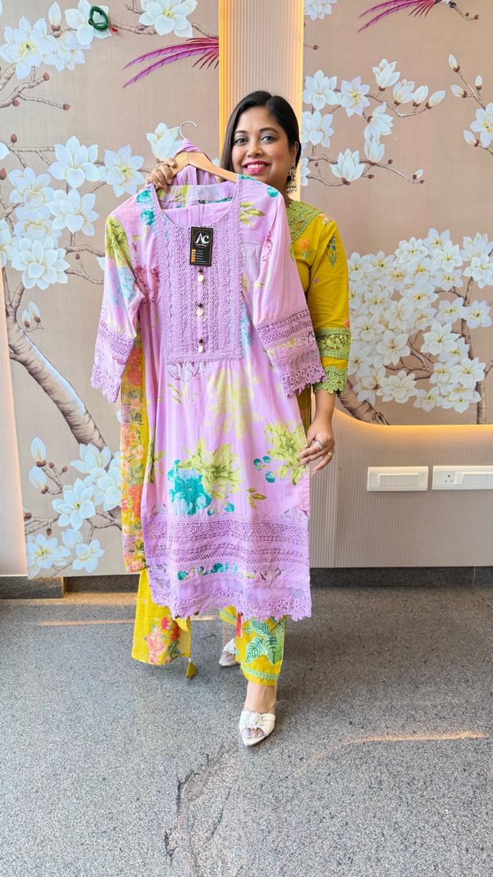 Lilac lace detailing pure cotton suit set