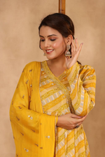 Pure Chinon Lehariya Alia Cut Suit Set in Yellow comes with Lining and with Beautiful Hand Work on the Yoke