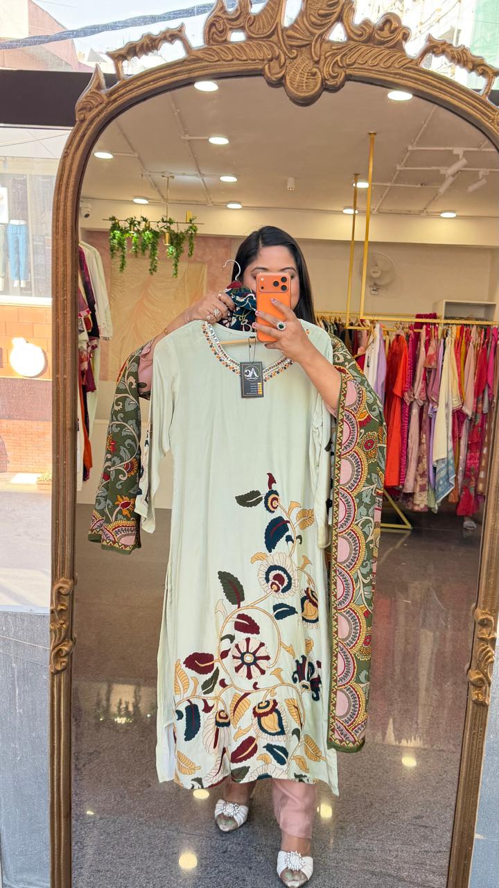 Pure crepe Kalamkari lining full suit set in mint green designer front n back (Slim Fit)