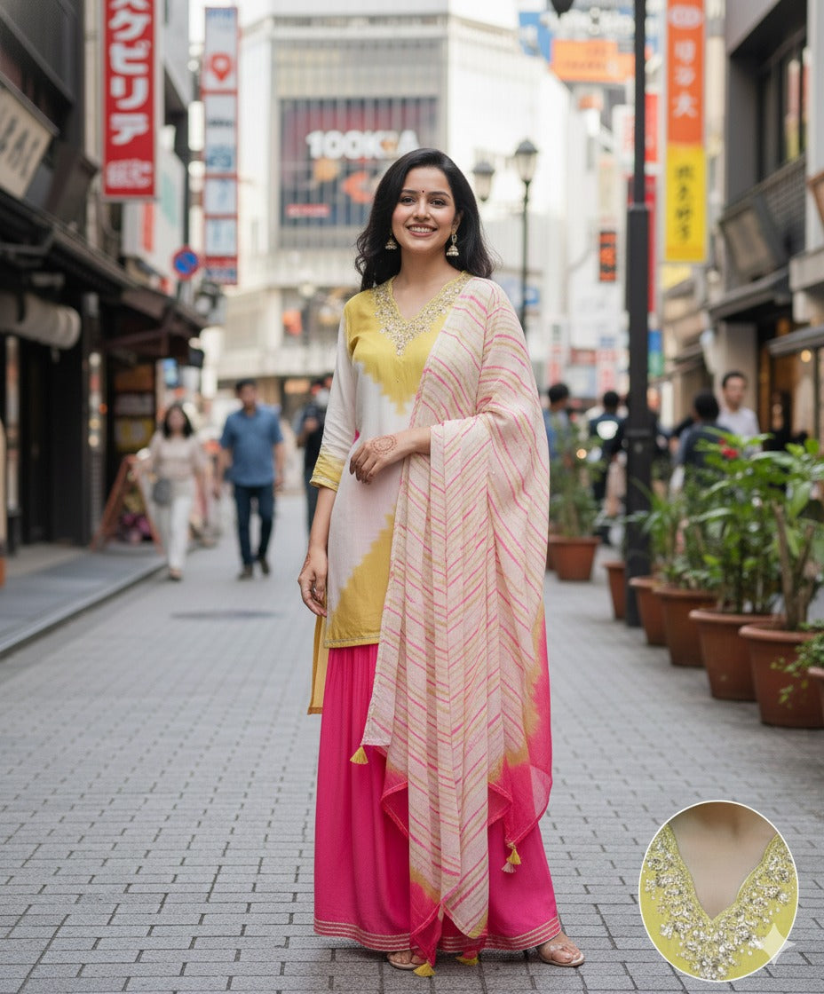 Mul silk sharara set in yellow n pink