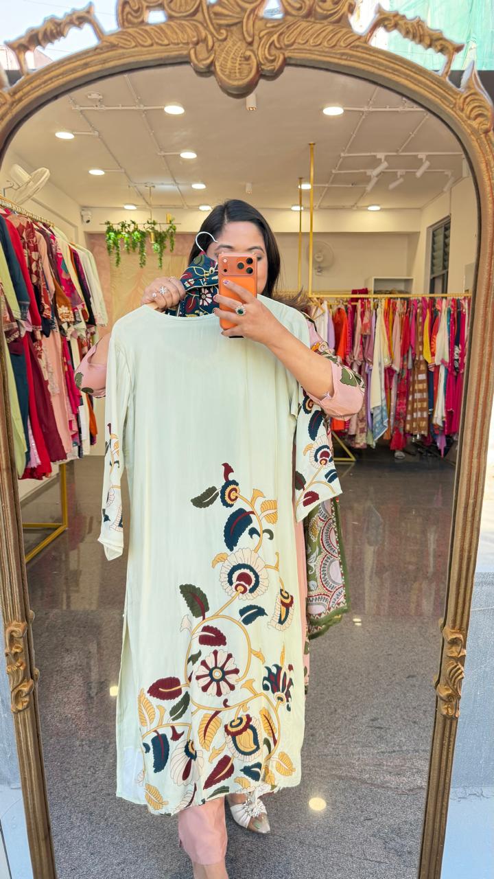 Pure crepe Kalamkari lining full suit set in mint green designer front n back (Slim Fit)