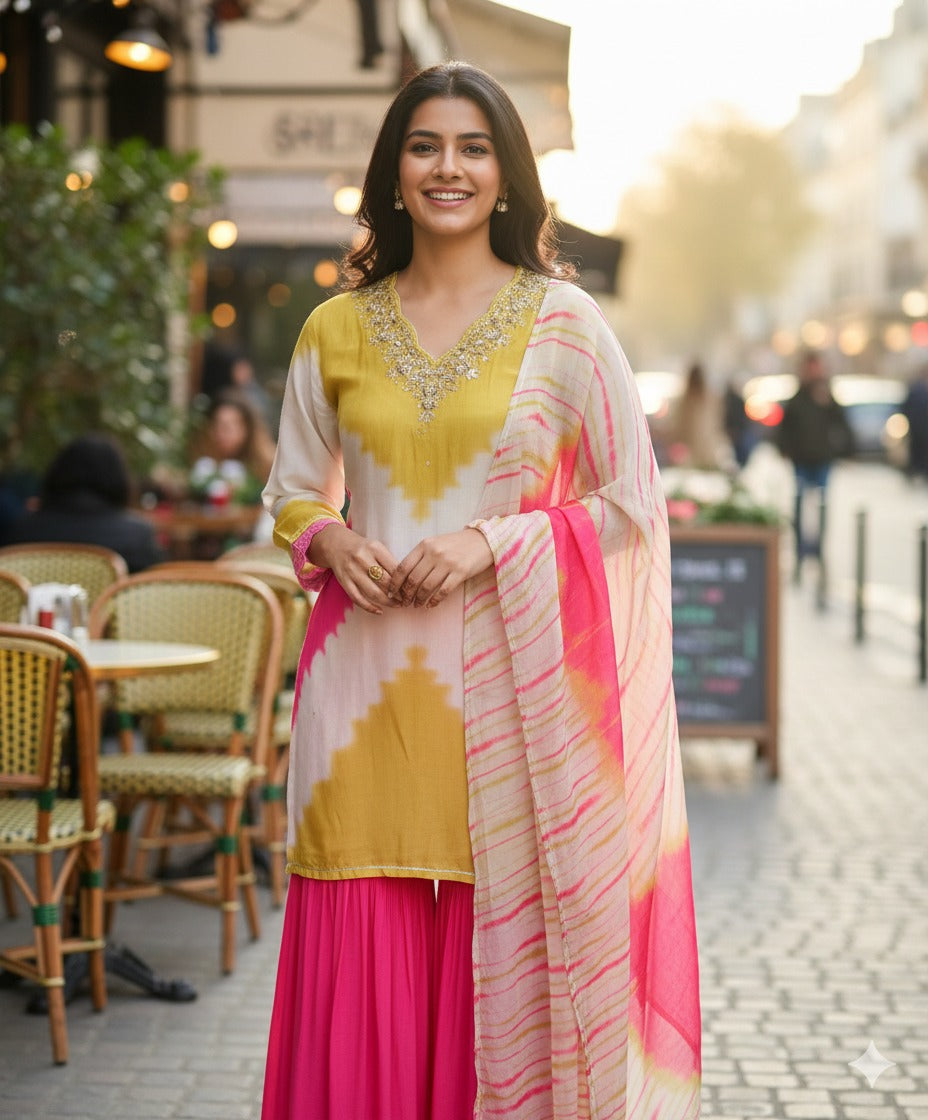Mul silk sharara set in yellow n pink
