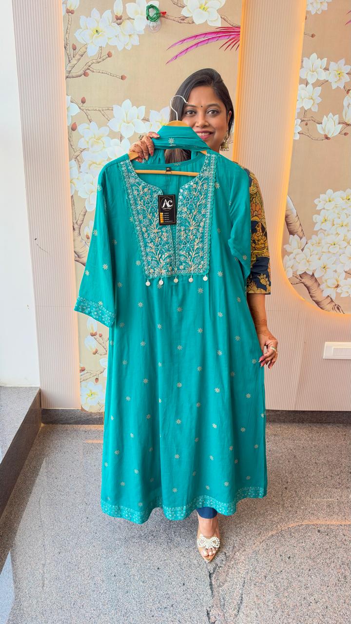 Mul cotton gold foil print with zari detailing full suit in blue