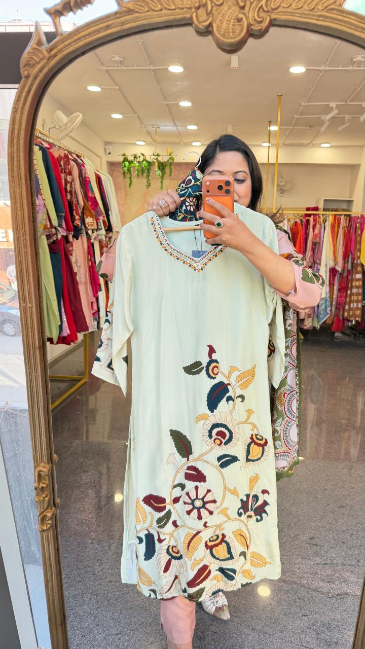 Pure crepe Kalamkari lining full suit set in mint green designer front n back (Slim Fit)