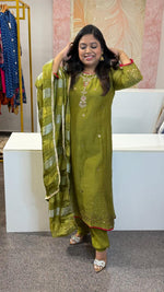 Bestselling pure Mul chanderi suit set with handwork in green