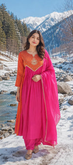 Trending Mul chanderi suit set in orange n pink