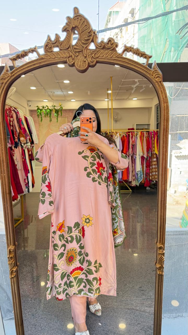 Pure crepe Kalamkari lining full suit set in peach designer front n back (Slim Fit)