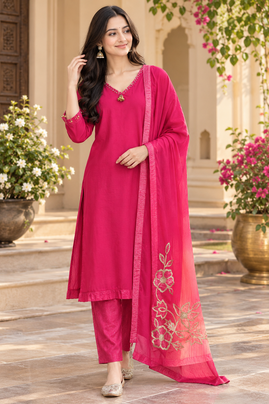 Premium chinon full suit set in pink with gotta detailing