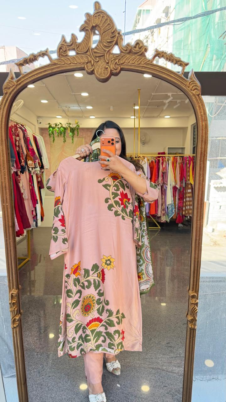 Pure crepe Kalamkari lining full suit set in peach designer front n back (Slim Fit)