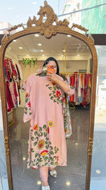 Pure crepe Kalamkari lining full suit set in peach designer front n back (Slim Fit)