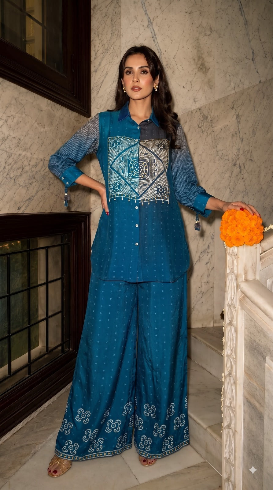 Premium natural crepe bandhani co ord in blue