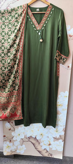 Premium gaji silk suit set paired with Kalamkari dupatta in green