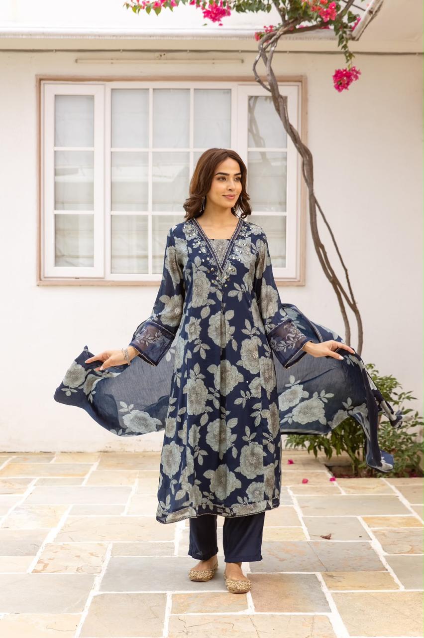 Modale digital printed full suit set in blue