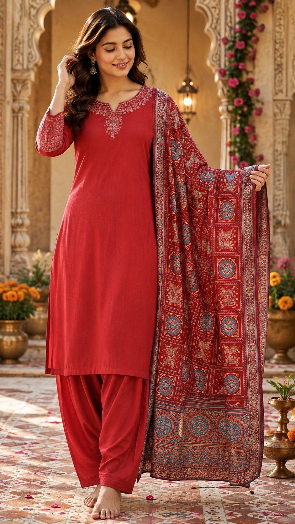 Premium gaji silk with ajrakh dupatta in red with pretty designer back