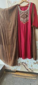 Pretty Mul chanderi two tone suit set in red n brown