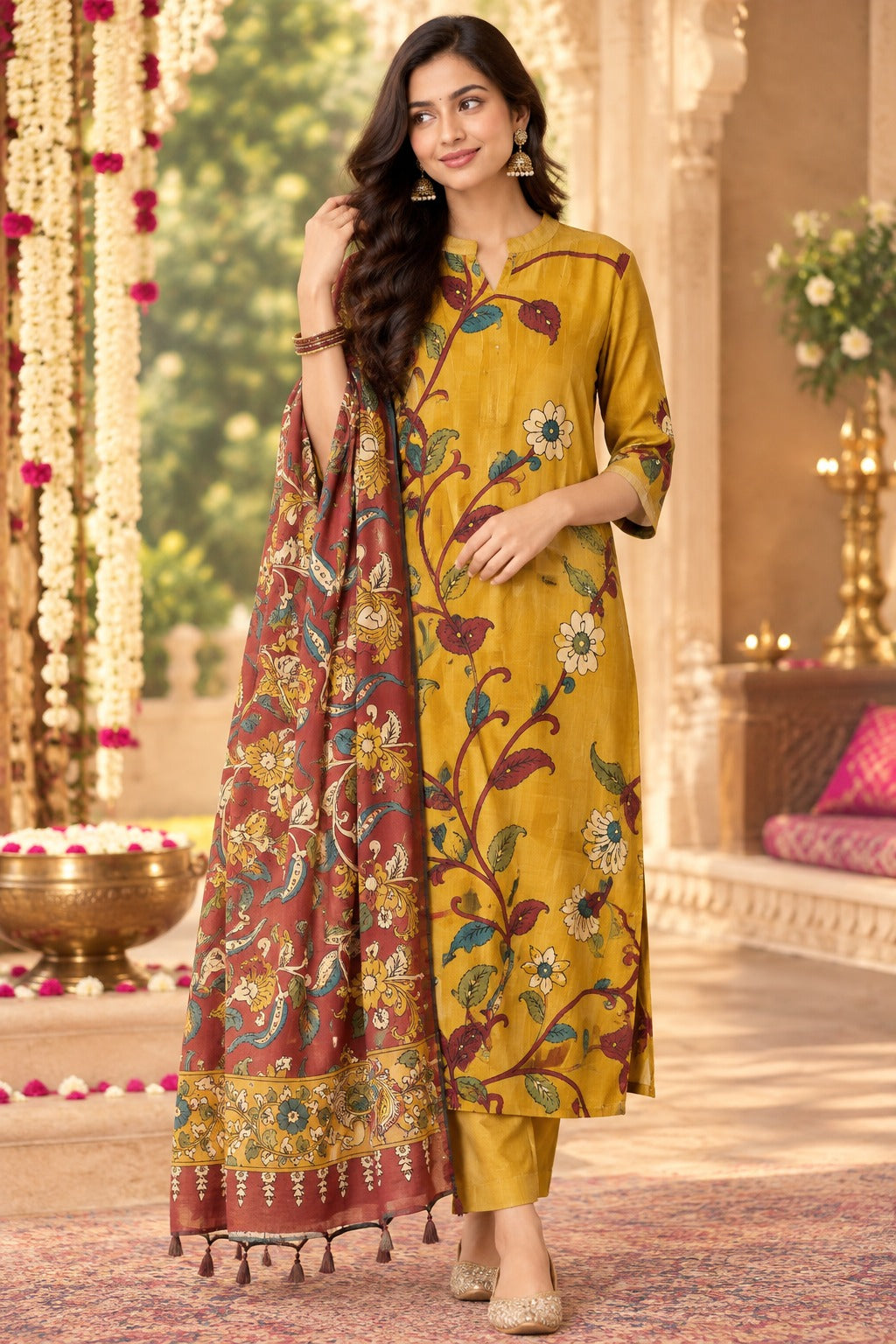 Crepe silk yellow front n back Kalamkari printed suit set