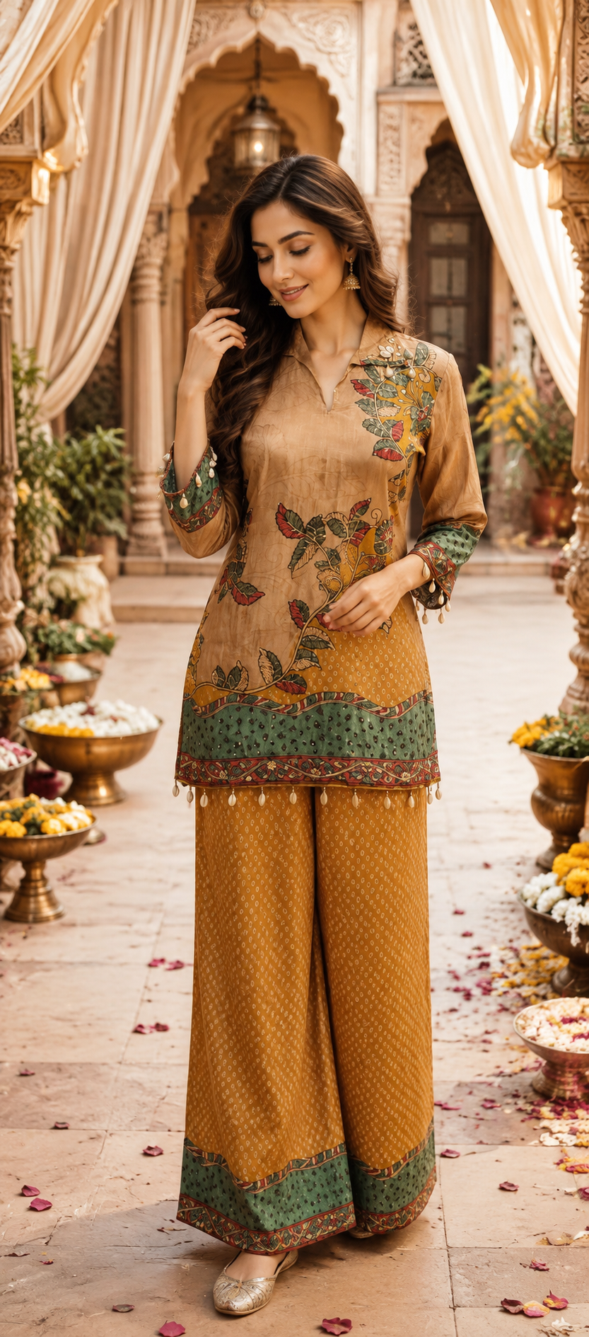 Super pretty Kalamkari co ord in yellow with lining heavily embellished