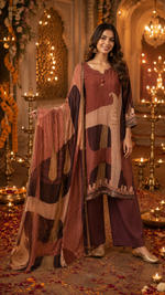 Premium crepe silk digital printed suit set in brown