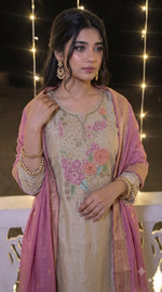 Premium tissue applique embroidery suit set with Banarasi dupatta