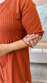 Pretty embroidery flex cotton kurta pant in rust