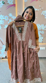Pure cotton embroidered suit set in brown colour