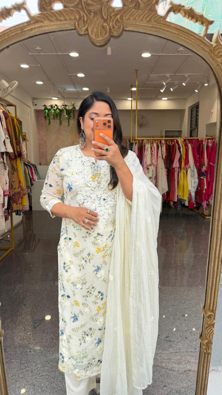 Pure Mul cotton lining chikankari suit set in white