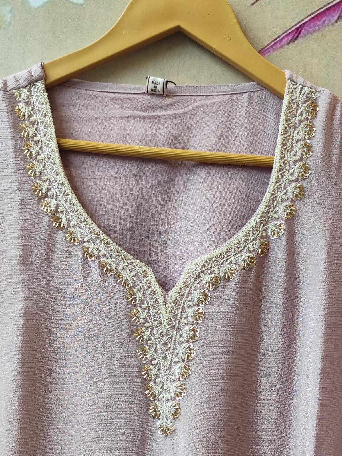 Premium chinon applique handwork suit set in lilac
