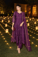 Pure Banarasi Mul chanderi with antique gold full suit set in purple