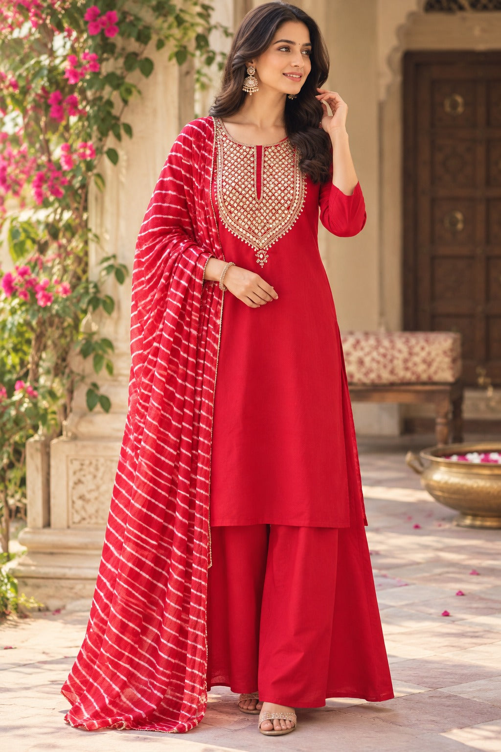 Viscose silk gotta detailing plazzo suit set paired with shiffon dupatta in red