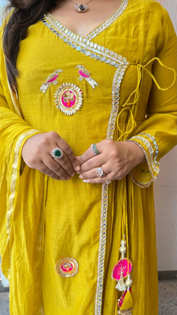 Premium Mul chanderi angrakha pattern gotta detailing suit set in yellow