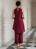 Super smart sleeveless designer maroon silk Co ord