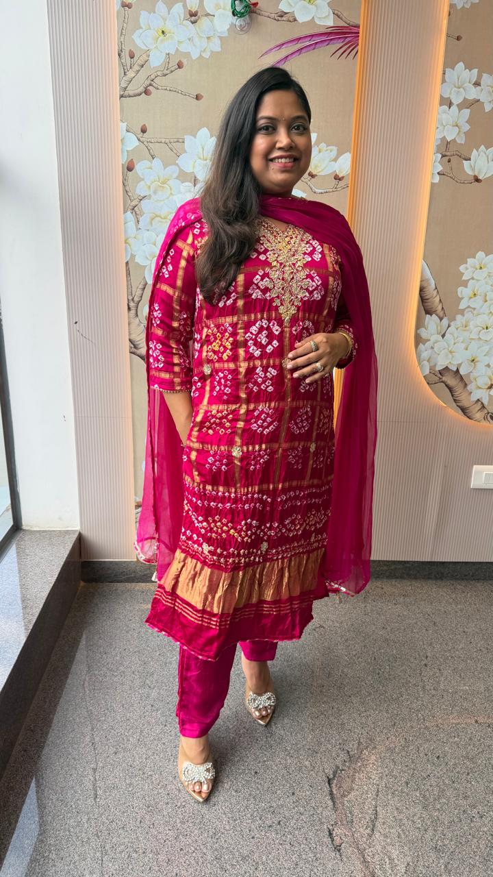 Premium Rani pink ghatchola bandhani lakri patta suit set