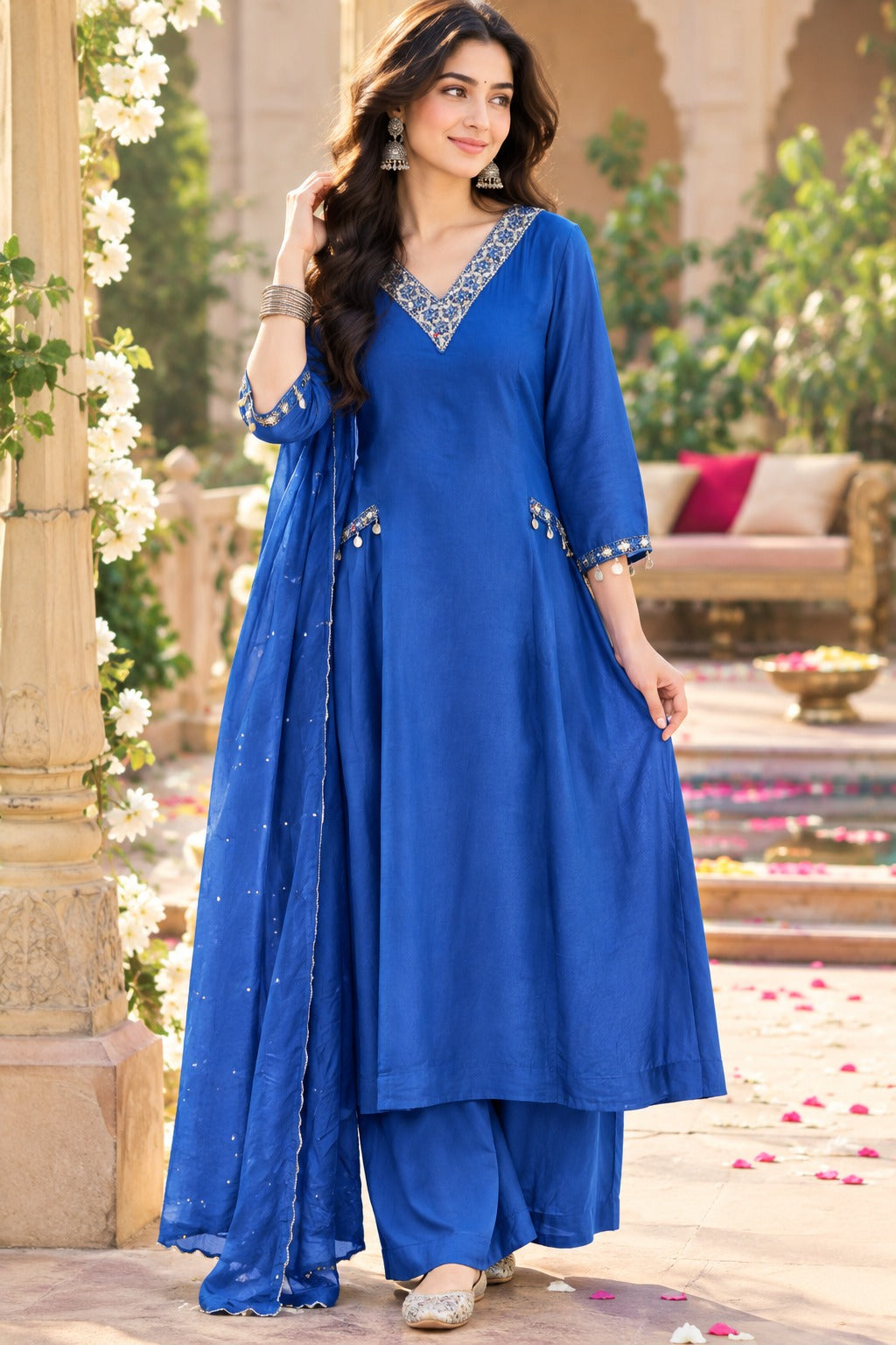 Real mirror crepe silk designer royal blue suit set