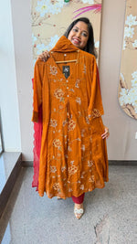 Fully embroidered pure Mul cotton suit set in brown