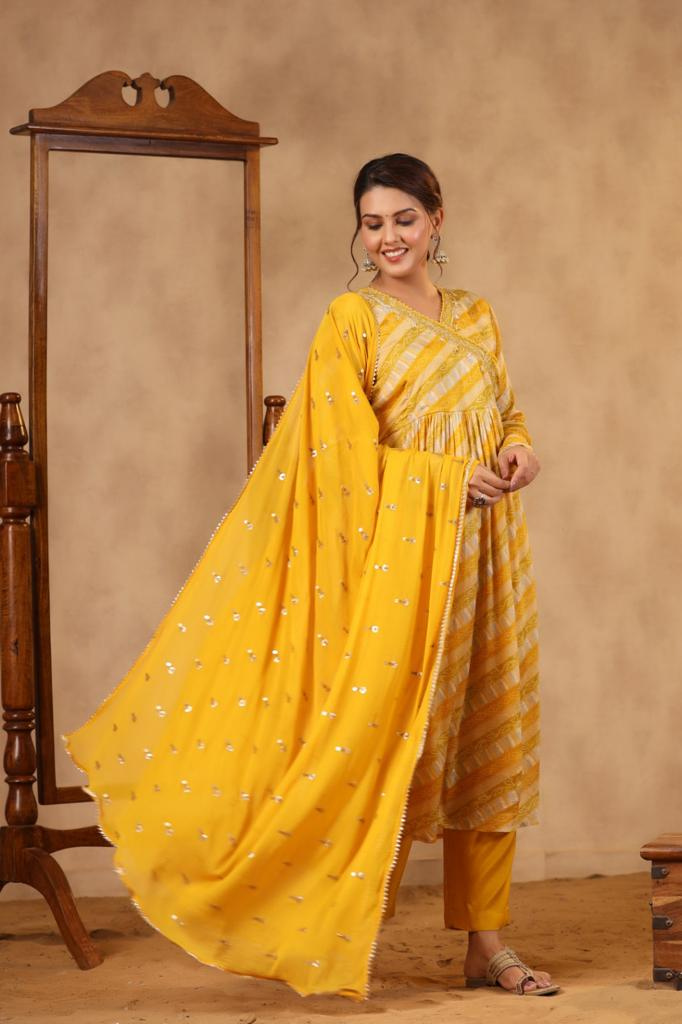 Pure Chinon Lehariya Alia Cut Suit Set in Yellow comes with Lining and with Beautiful Hand Work on the Yoke