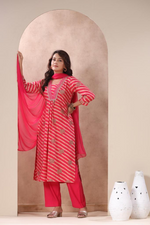 Trendy V Neck Suit in Pure Muslin with Shiffon Dupatta in Lehariya