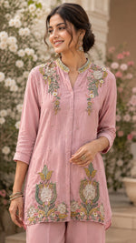Premium chinon hand work Co ord in pink