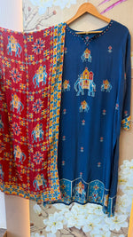 Pure crepe Patola print in contrast suit set in blue n red