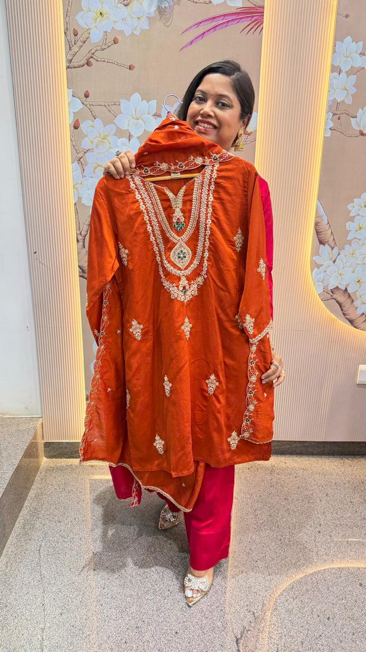 Super Royal Kundan necklace full suit in farshi salwar in orange