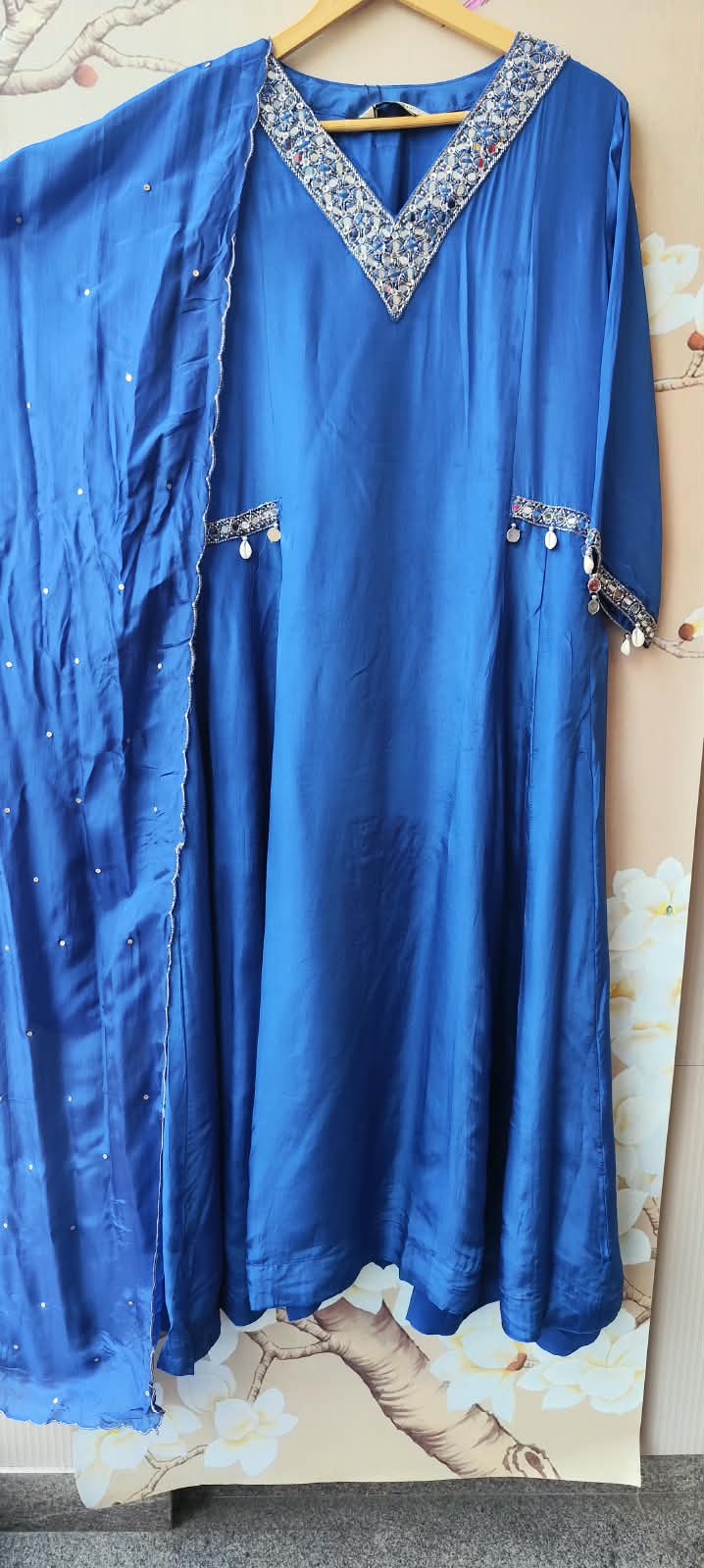 Real mirror crepe silk designer royal blue suit set