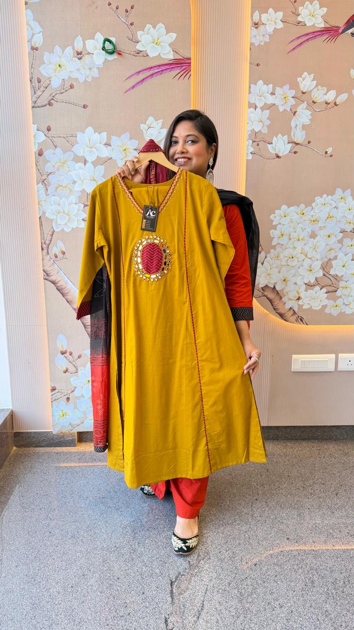 Real mirror yellow n red cotton full suit set
