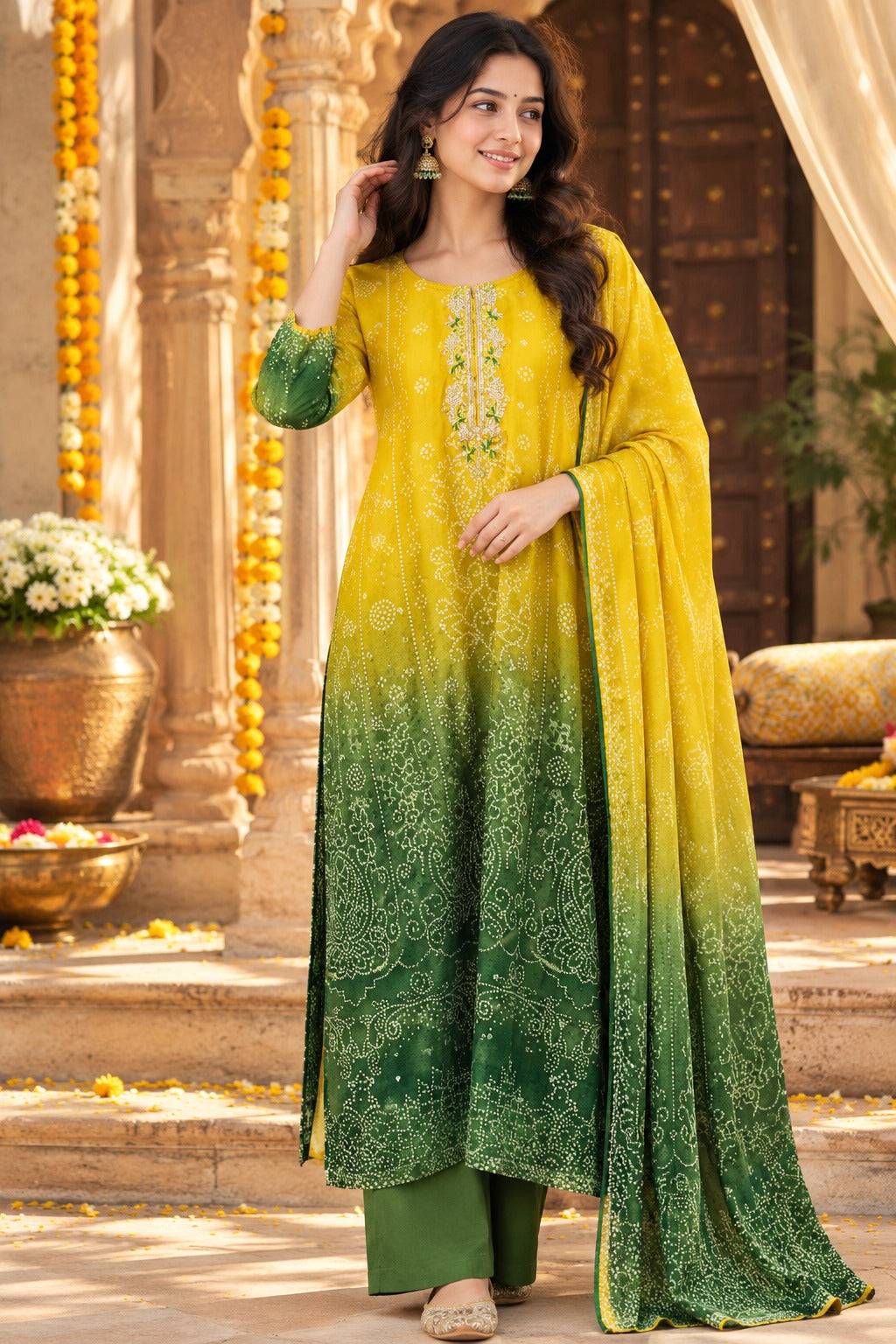 Premium chinon handwork suit set in yellow n green