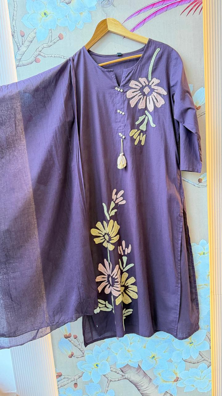 Pure cotton 3d embroidery suit set in purple
