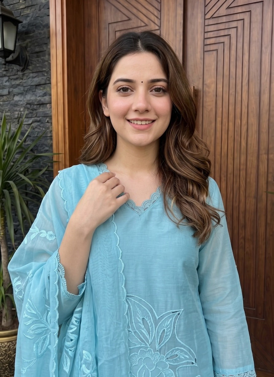 Pretty Mul chanderi cutwork suit set in blue