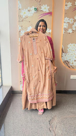 Pure Banarasi handcrafted mulchanderi layered gown with dupatta in brown