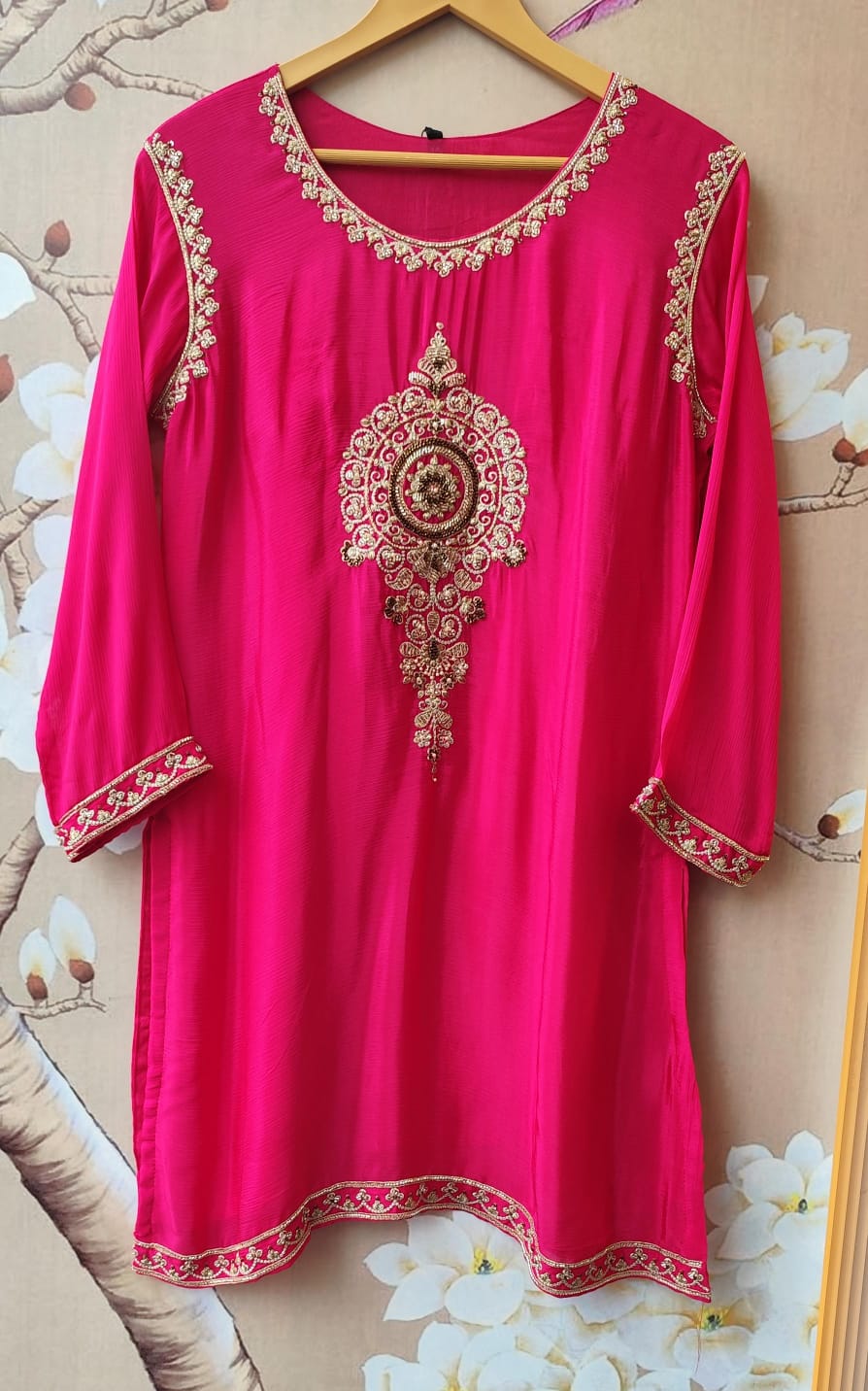 Premium chinon beautiful handwork all over in Rani pink