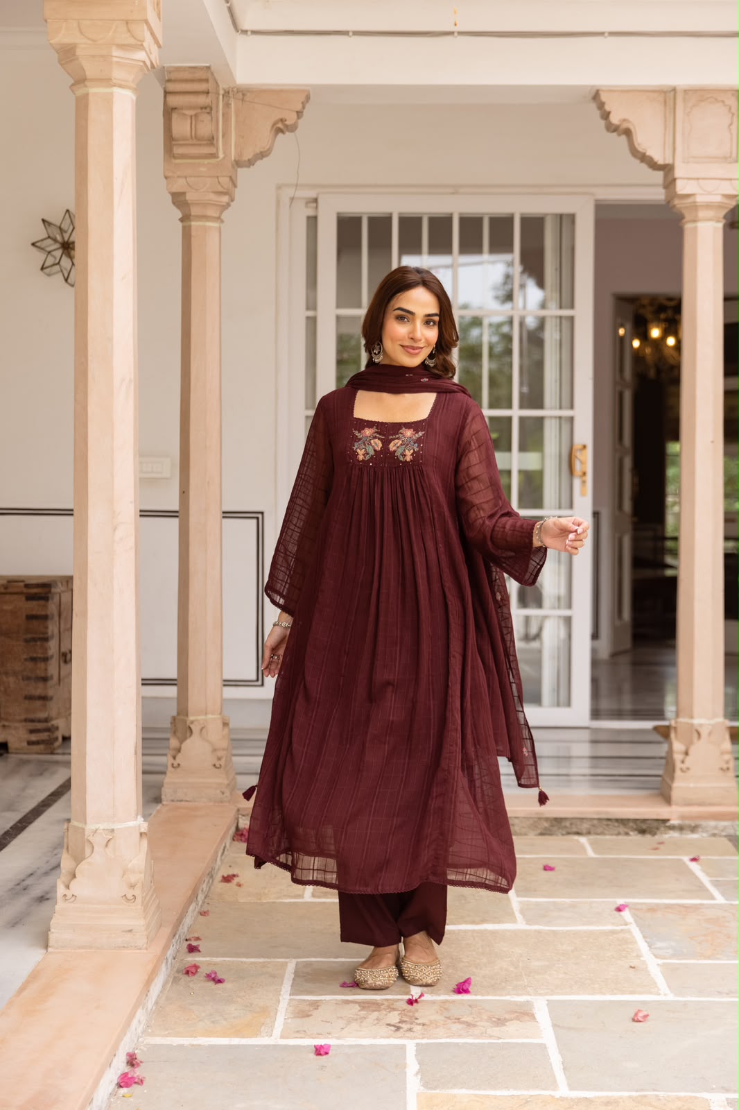 Pure Mul cotton Cheks suit set in wine