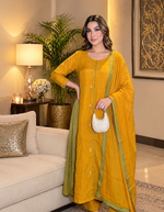 Premium pure Banarasi mul chanderi with lining and bead work in yellow